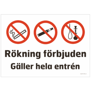 Rökning förbjuden gäller hela entrén Liggande