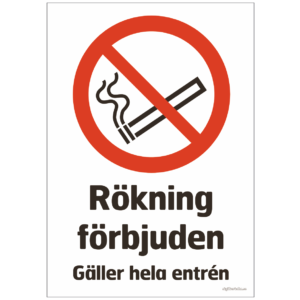 Rökning förbjuden gäller hela entrén Stående